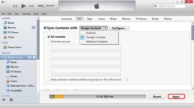 Transfer contacts from Android to iPhone using iTunes