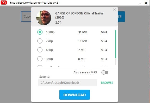 Choose video size and format on YouTube Downloader