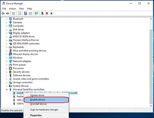 Disable Device on Windows USB Device Manager