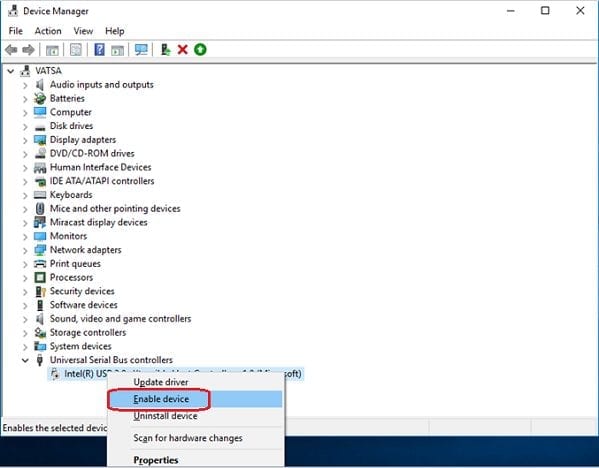 Enable Device on Windows USB Device Manager