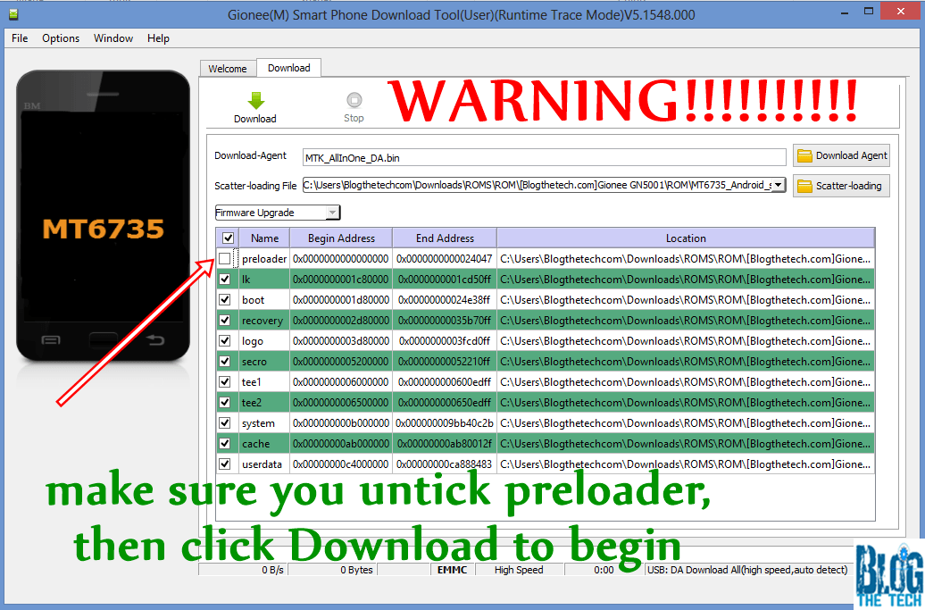 Untick Preloader Option and Click on Download on SP Flash Tool