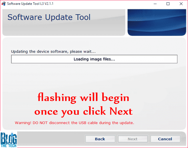 Flashing will begin on Software Update Tool