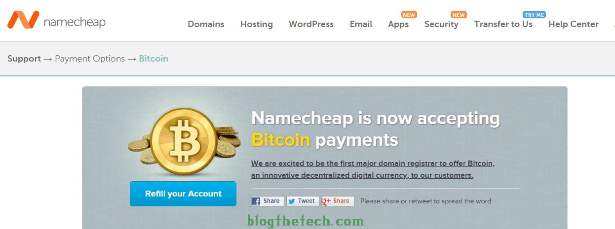 Namecheap Domain and hosting accepts Bitcoin