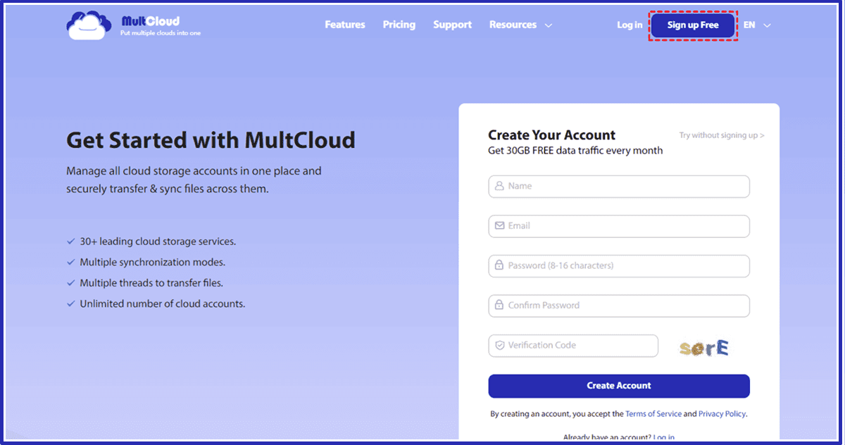 Sign up for MultCloud