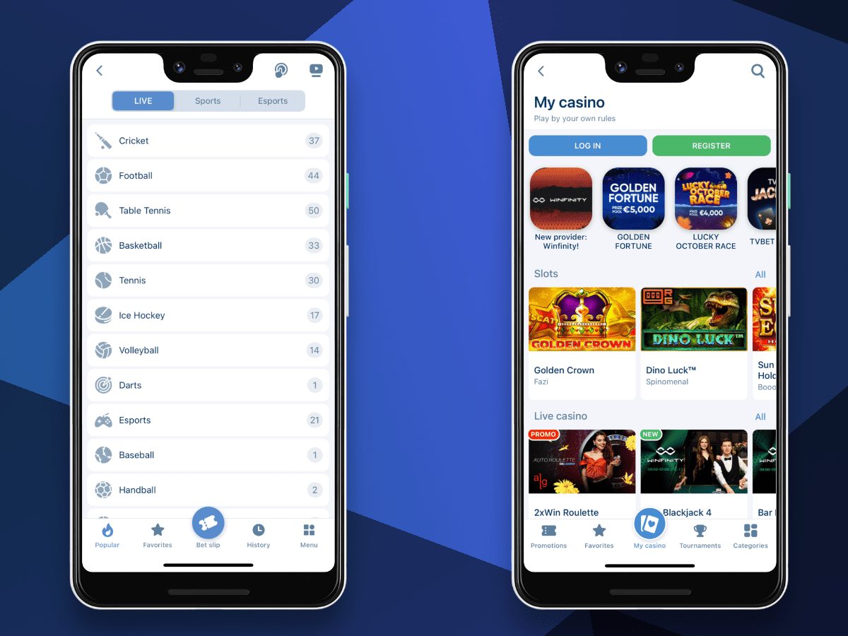 Main activities of the 1xbet mobile app