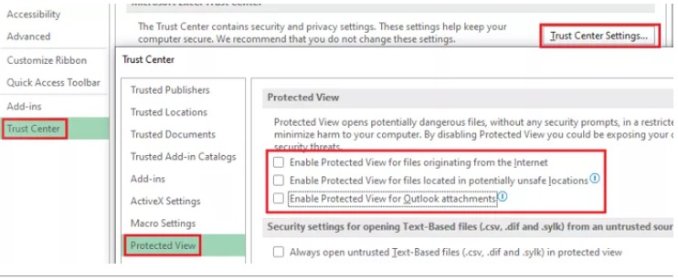 Disable PowerPoint protected view settings