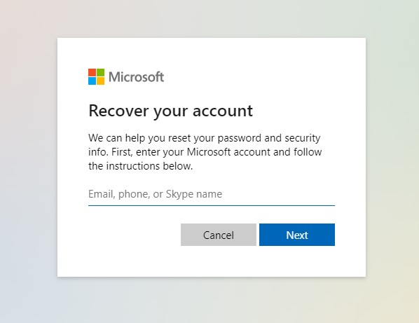 Microsoft Accoun Recovery Page