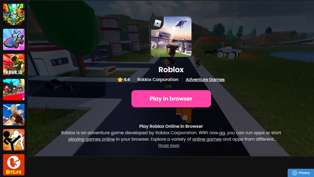 Play roblox on now.gg in browser tab