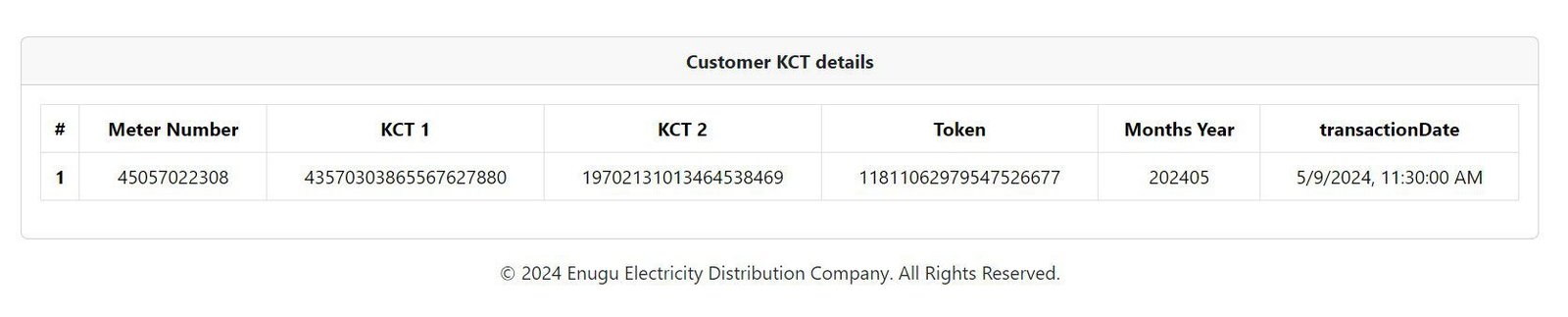 EEDC KCT Generator showing a meter number, kct number 1 and kct number 2